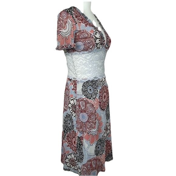 Bisou Bisou Floral Midi Mesh Dress Lace Waist V Neck Cap Sleeve Sheer 90’s Y2K-S - Picture 2 of 10